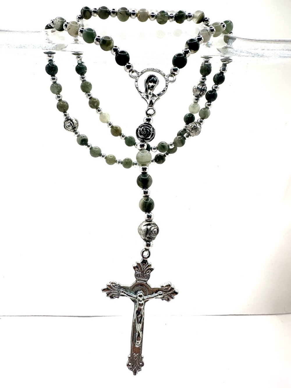 Green Glass Rosary Necklace with Silver Crucifix